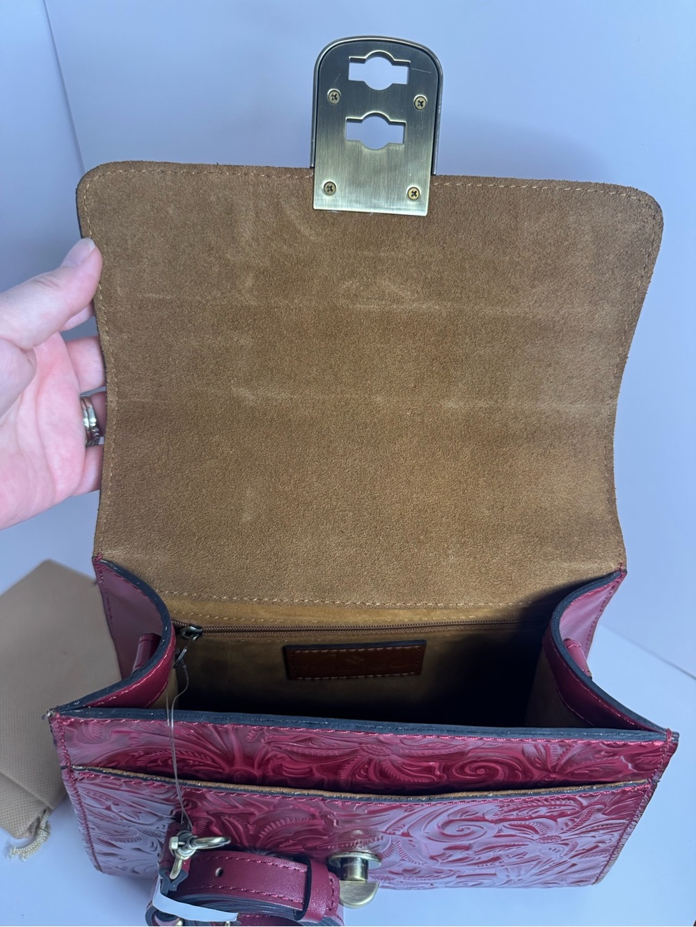 #438 Patricia Nash NWT Chauny Red Floral Burnished Tooled Leather Two-Way Bag - Picture 5 of 15